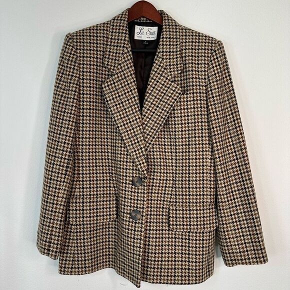 Vintage Le Suit Wool Blend Houndstooth Blazer Women’s 8 Neutral Brown Career - Picture 1 of 8